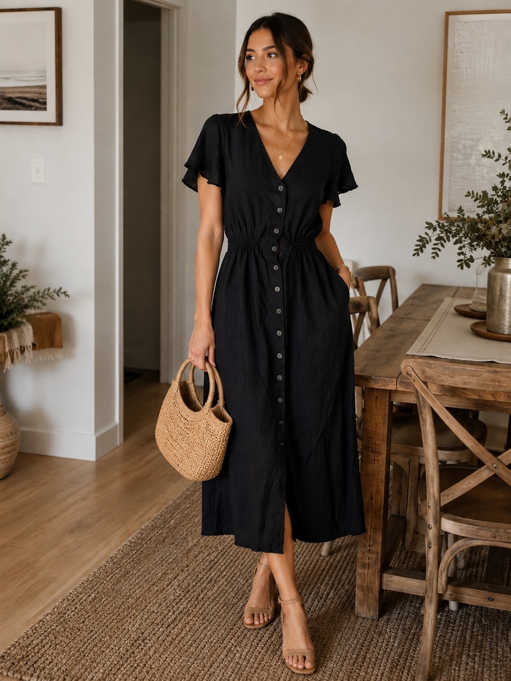 Dex Black Button-Front Midi Dress (XS)